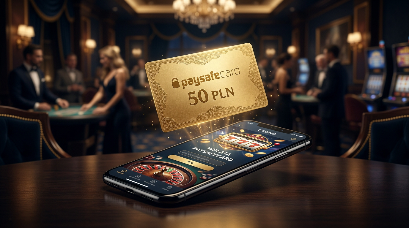 Paysafecard voucher floating over a smartphone with a casino app interface on screen