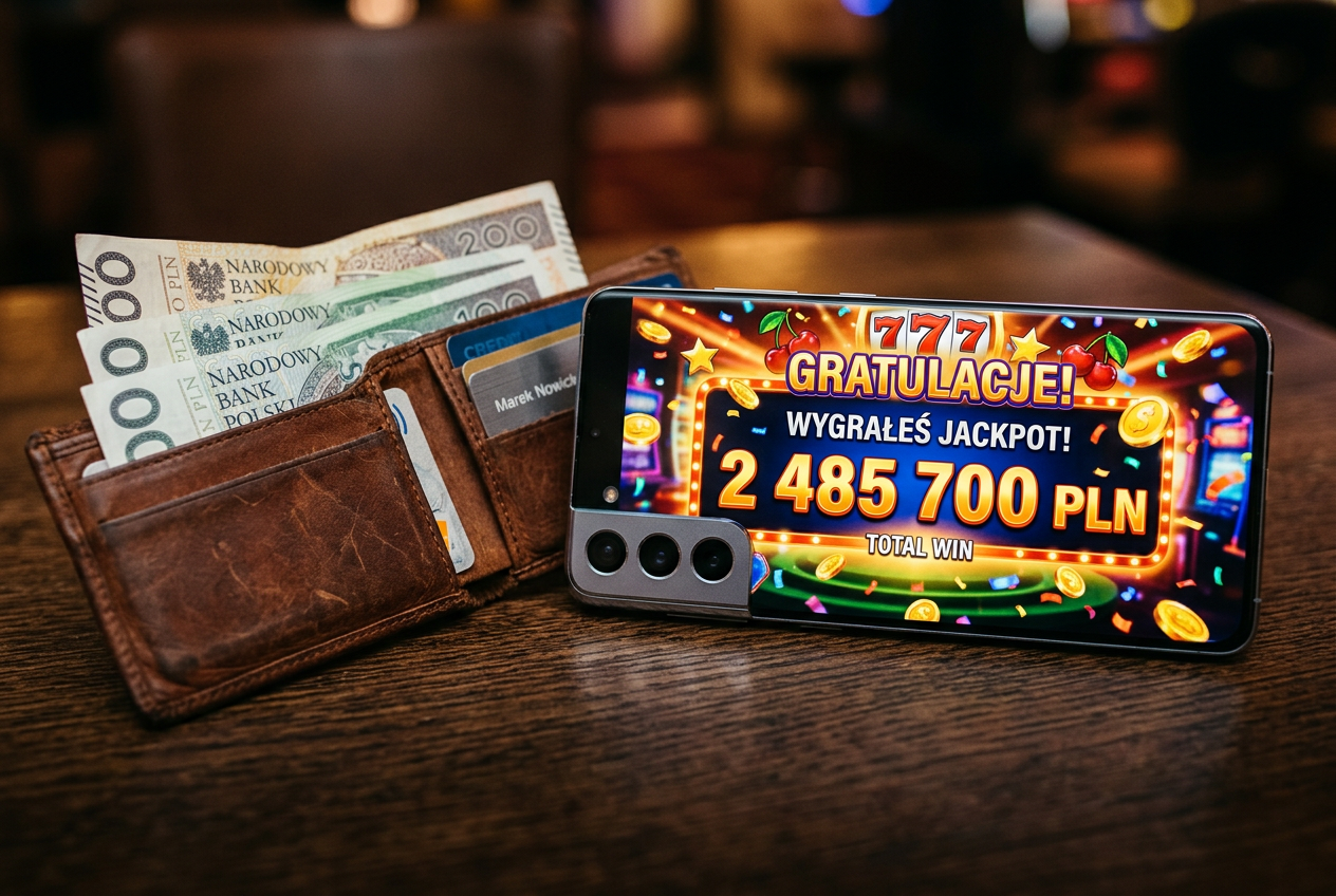 Smartfon z aplikacją kasynową wyświetlającą wygraną obok portfela z banknotami PLN