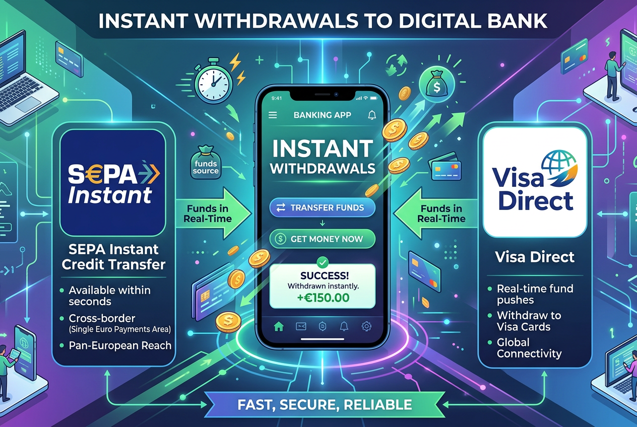 Grafika przedstawiająca logotypy systemów płatności Visa Direct i SEPA Instant obok smartfona z aplikacją bankową